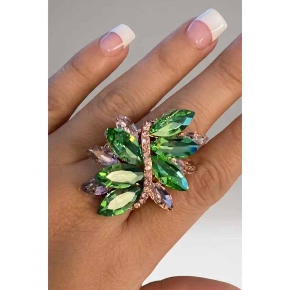 Glamour Marquis Cut Green & Pink Crystal Statement Ring